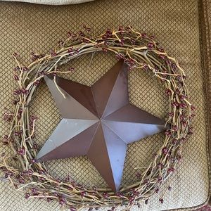 Country Decor Wreath With Burgundy Metal Star and Pips